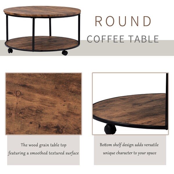 Rustic Design Round Coffee Table Featuring X-Shaped Base And Adjustable Leg Pads， Distressed Brown