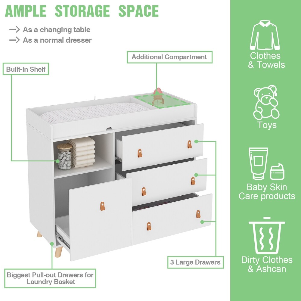 45inch Hidden Trash Storage  Nursery Dresser w/Changing Station White