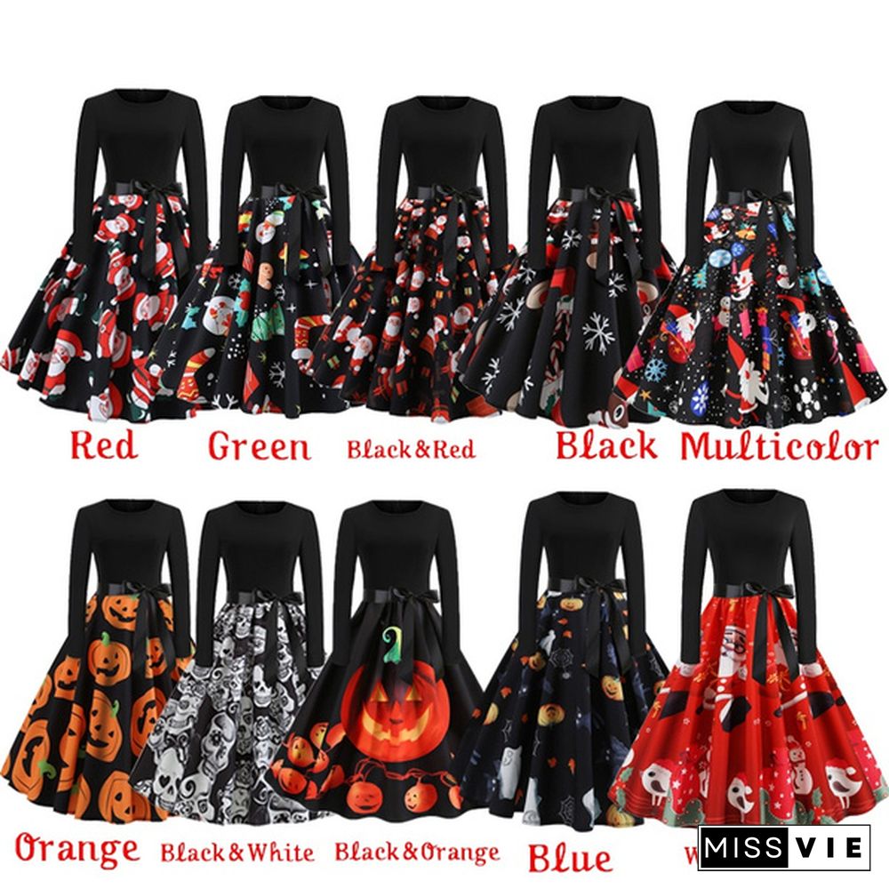 Dresses for Women Party Christmas Round Neck Belt Prom Dresses Halloween Costumes Long Sleeve Dresses Elegant Pumpkin Santa Claus Printed Evening Pleated Dresses