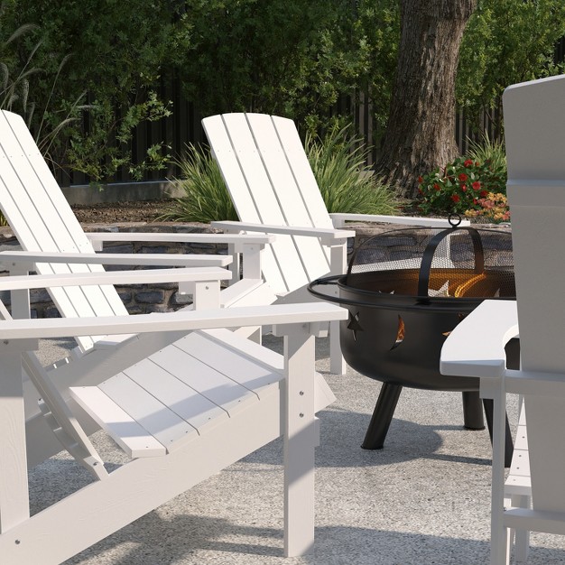 Merrick Lane Ayala 5 Piece Outdoor Leisure Set With Set Of 4 Poly Resin Adirondack Chairs And Star And Moon Iron Fire Pit