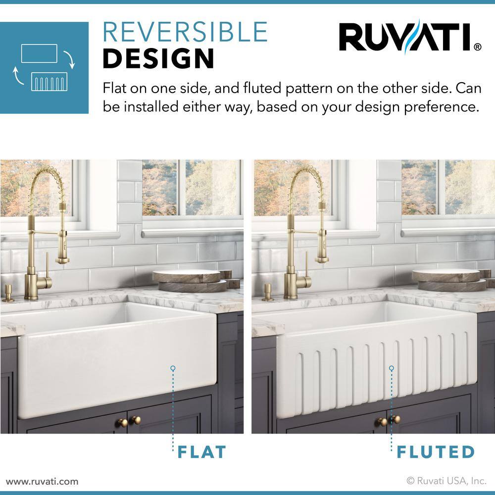 Ruvati Farmhouse Apron-Front Fireclay 33 in. x 20 in. Reversible Single Bowl Kitchen Sink in White RVL2300WH