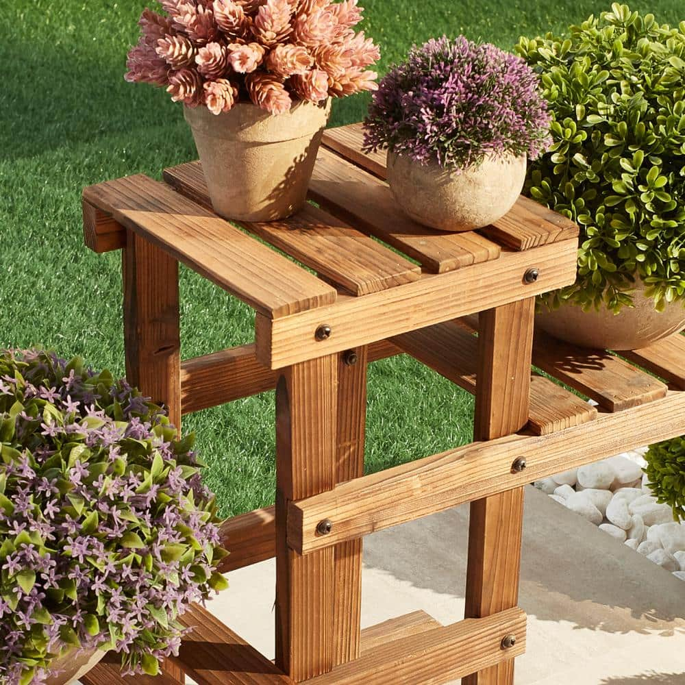 Patio Festival 19.69 in. x 27.95 in. x 9.45 in. IndoorOutdoor Natural Wood Plant Stand 3 Potted Plant Shelf Display Holder 3-Tier FD10018436