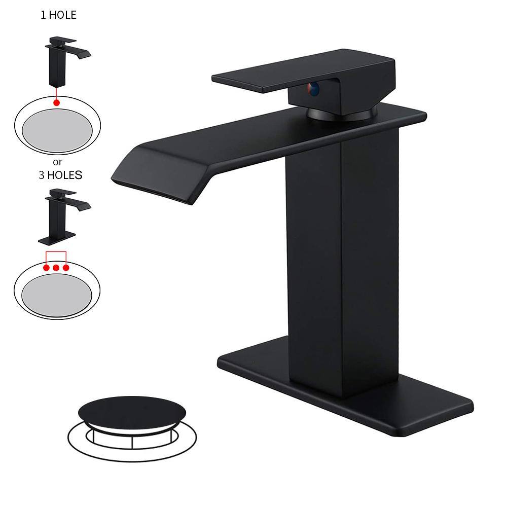 BWE Waterfall Single Hole Single-Handle Low-Arc Bathroom Faucet With Pop-up Drain Assembly in Matte Black A-96004-Black