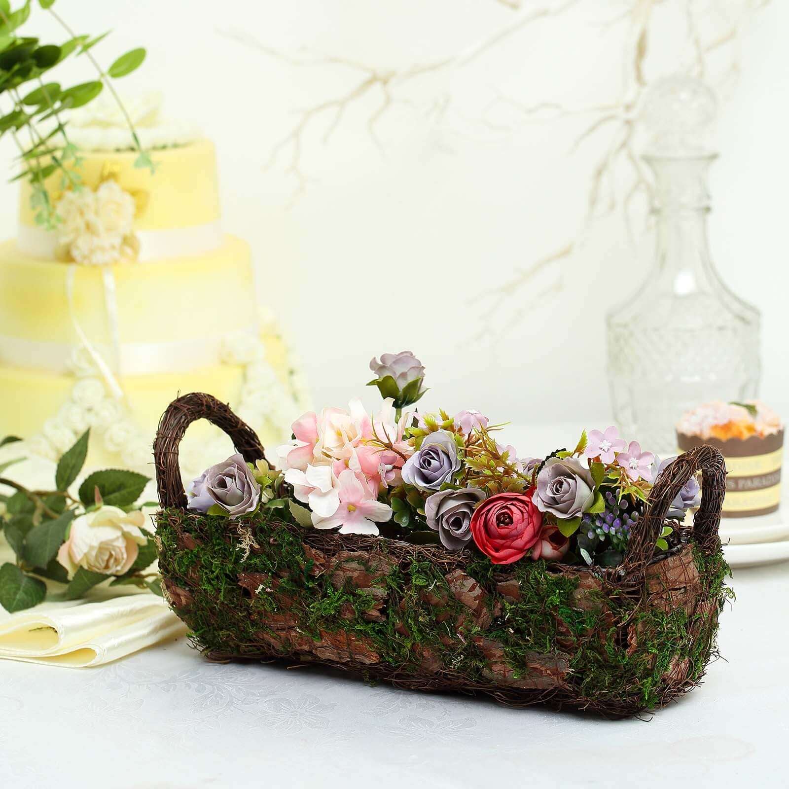 Set of 2 Rustic Log Shaped Preserved Moss Planter Boxes, Flower Baskets With Handle 13