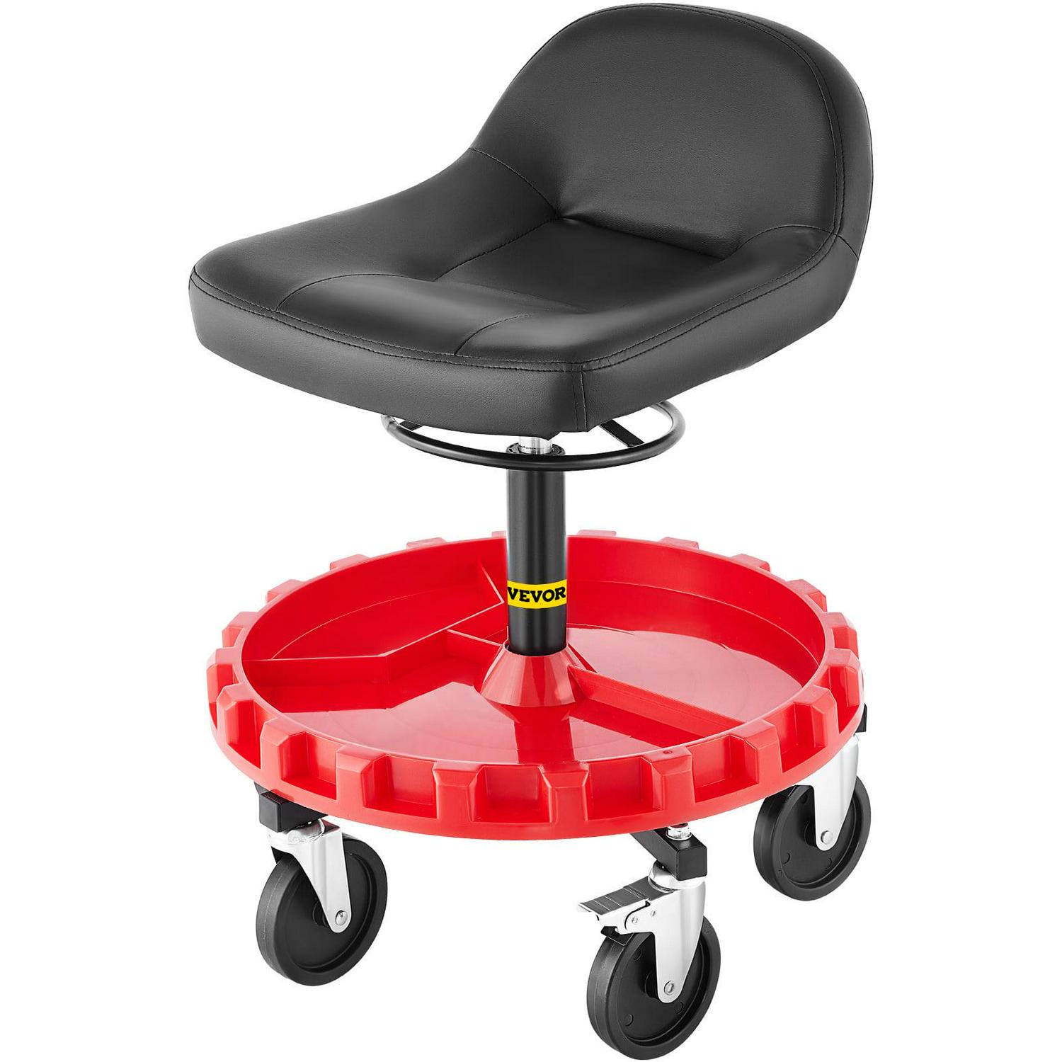 VEVORbrand Pneumatic Stool，400 LBS Rolling Garage Stool，22in to 26in Adjustable Height，Round Shop Stool with Parts Tray，All-Terrain 5in Casters with Two Brakes Mechanic Roller Seat