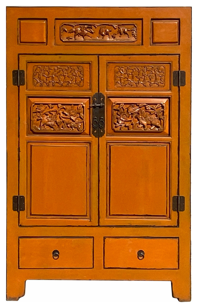 Chinese Fujian Distressed Orange Relief Carving Storage TV Cabinet Hcs7136   Asian   Entertainment Centers And Tv Stands   by Golden Lotus Antiques  Houzz