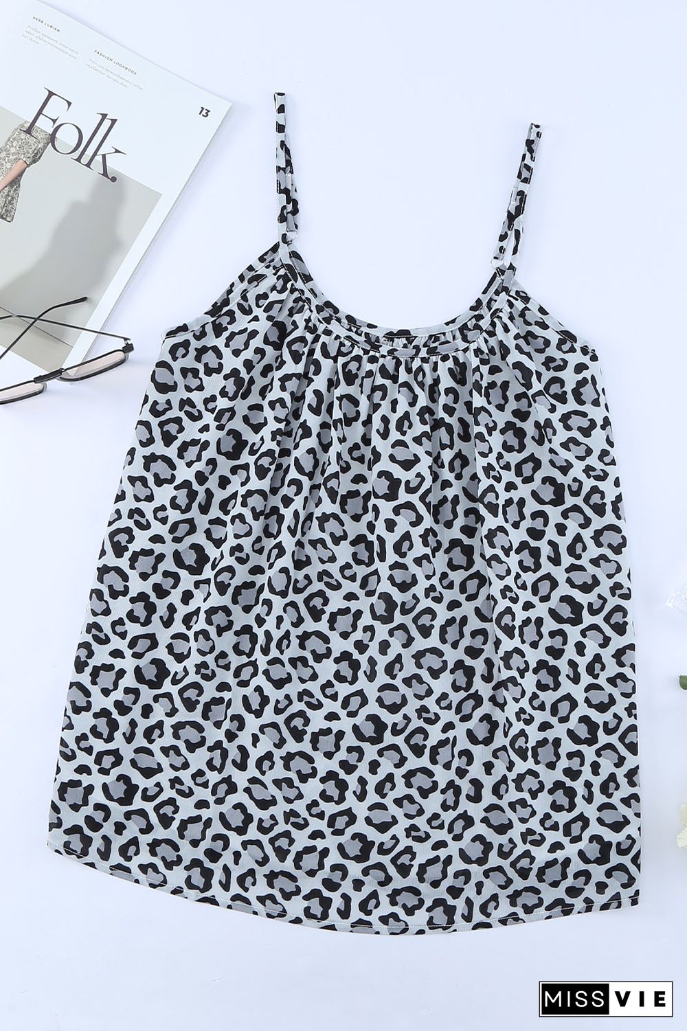 Leopard Print Spaghetti Strap Pleated Flowing Tank Top