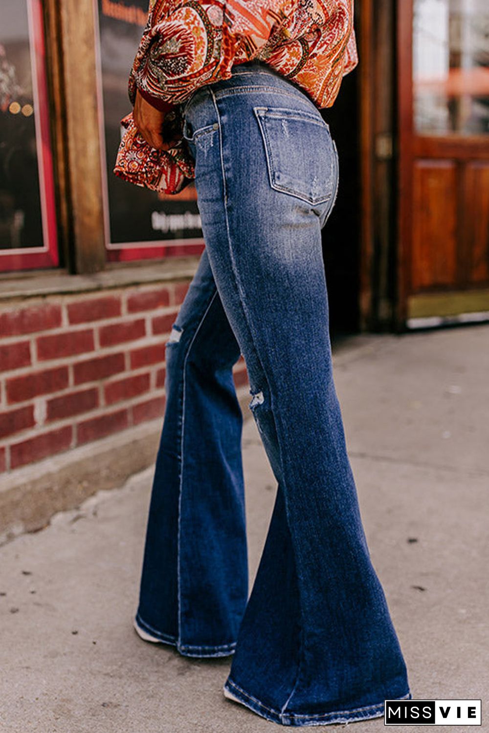 Distressed Hollow-out High Waist Cropped Flare Jeans