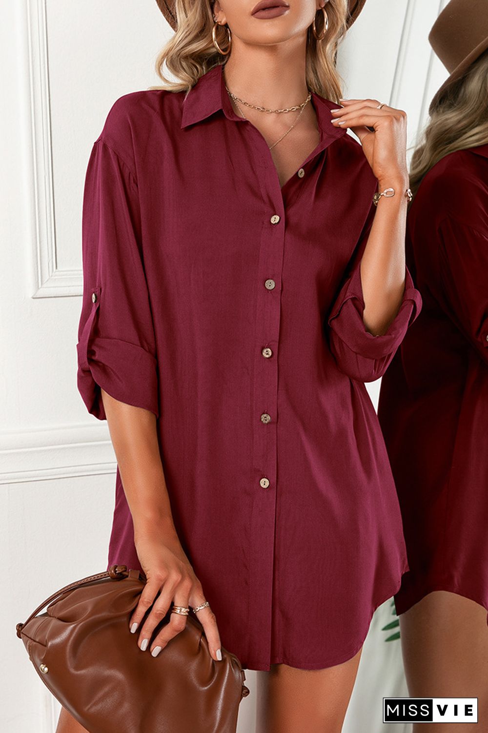 Casual Solid Buckle Turndown Collar Shirt Dress (6 Colors)