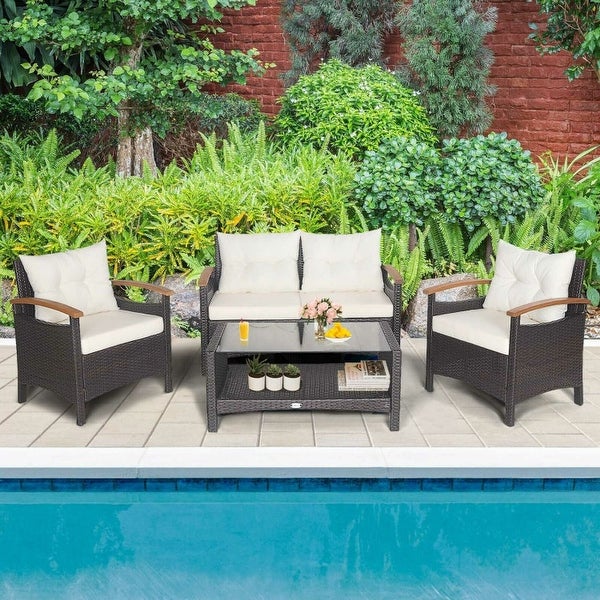 4 Pieces Patio Rattan Furniture Set with Cushioned Sofa and Storage Table - 46.5