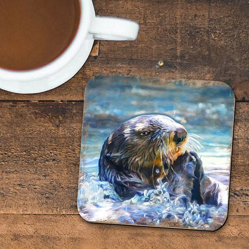 Otter Coastal Wooden Cork Coasters Gift Set of 4 by Nature Wonders