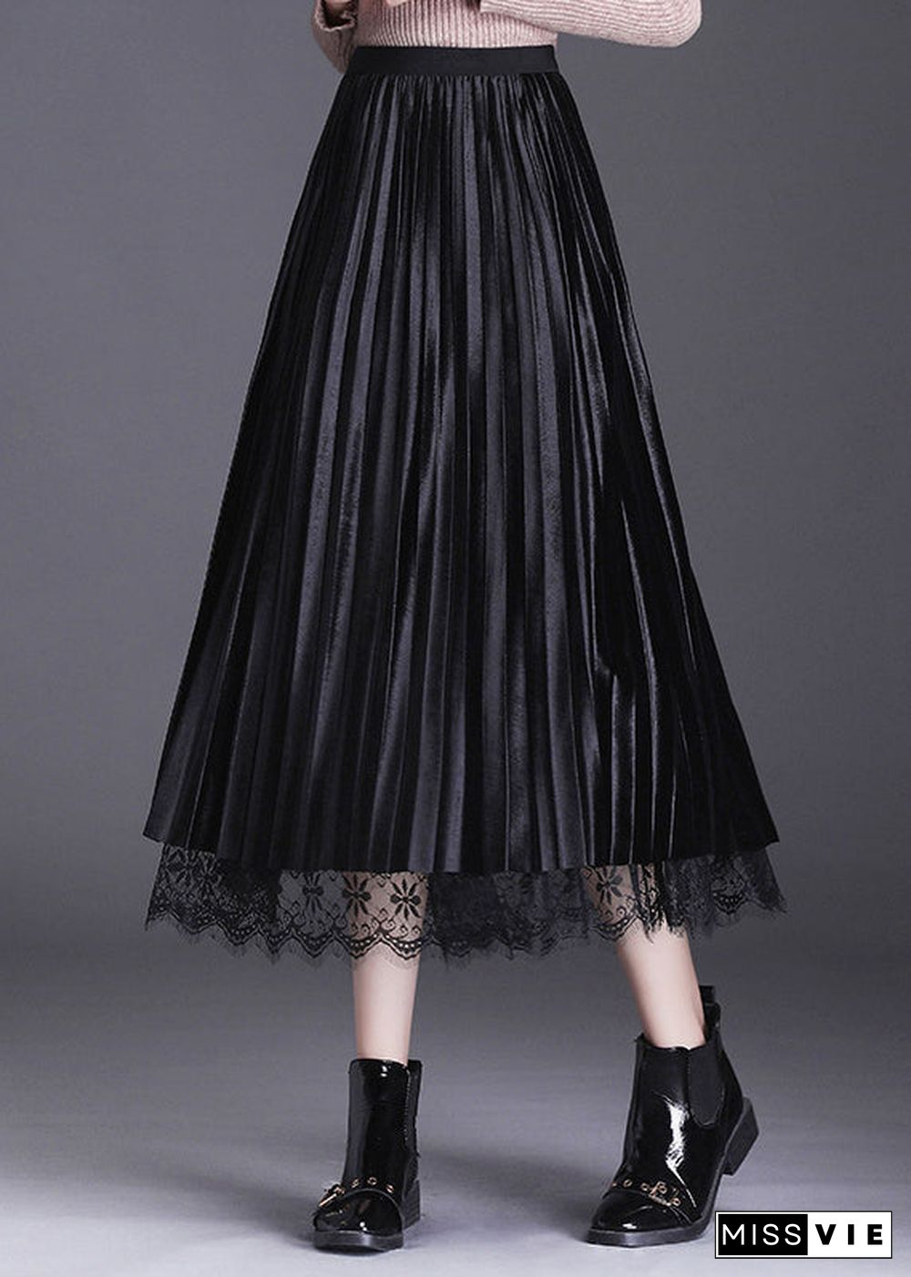 French Black Lace Patchwork Pleated Wear on both sides Fall Skirt