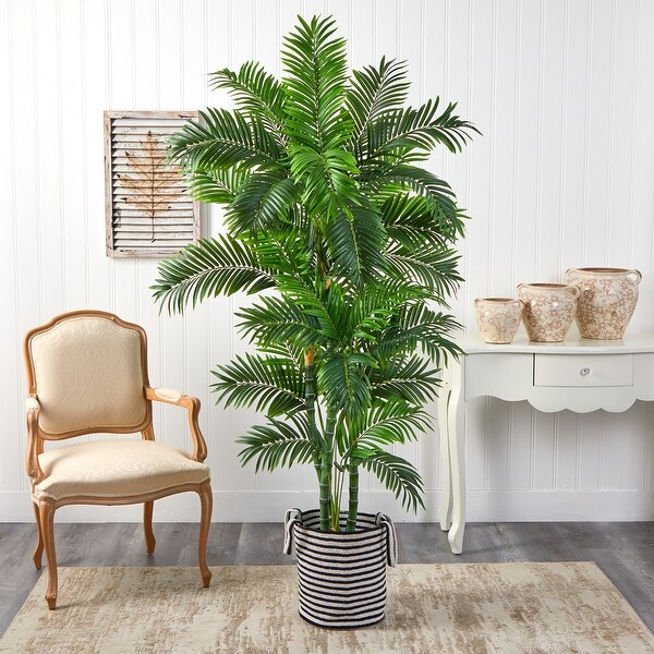 6' Curvy Parlor Artificial Palm Tree in Handmade Black and White Natural Jute and Cotton Planter