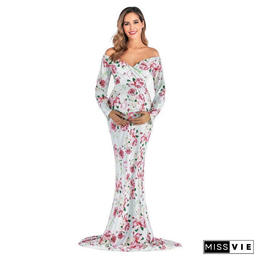 Off Shoulder Bohemian Flower Dress Pregnant Women Maternity Clothes Photography Prop Ladies Summer Casual Party Slim Dresses Pregnancy Full Dress