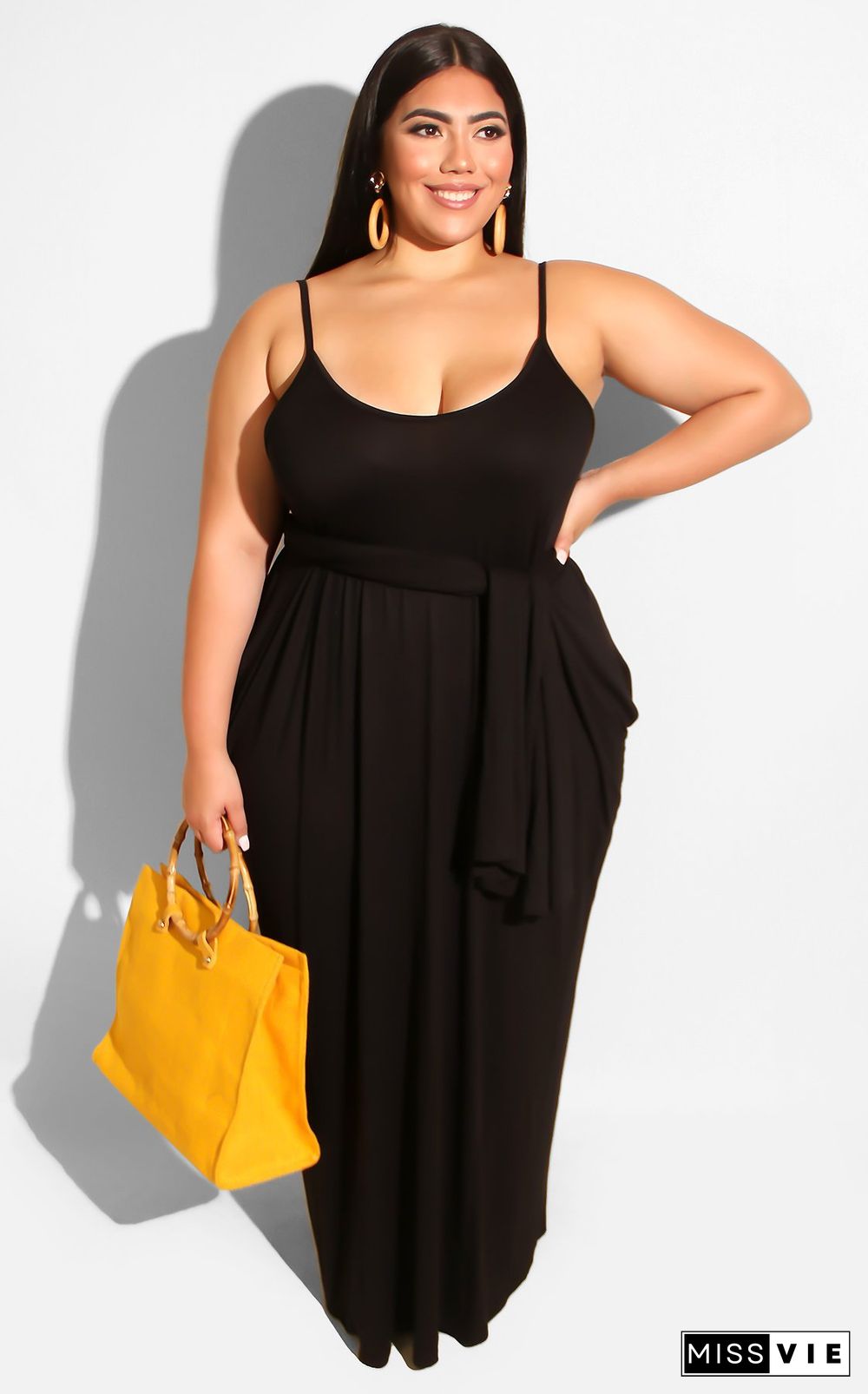 Solid Sling Loose Sashes Plus Size Maxi Dress