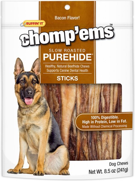 RUFFIN' IT Chomp'Ems Purehide Sticks Dog Treats， 8.5-oz bag