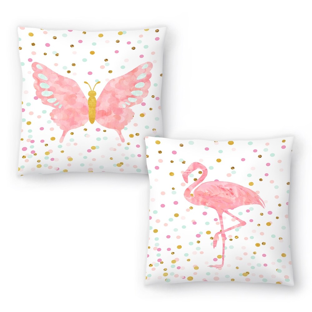 Butterfly and Pink Flamingo on Confetti   Set of 2 Decorative Pillows