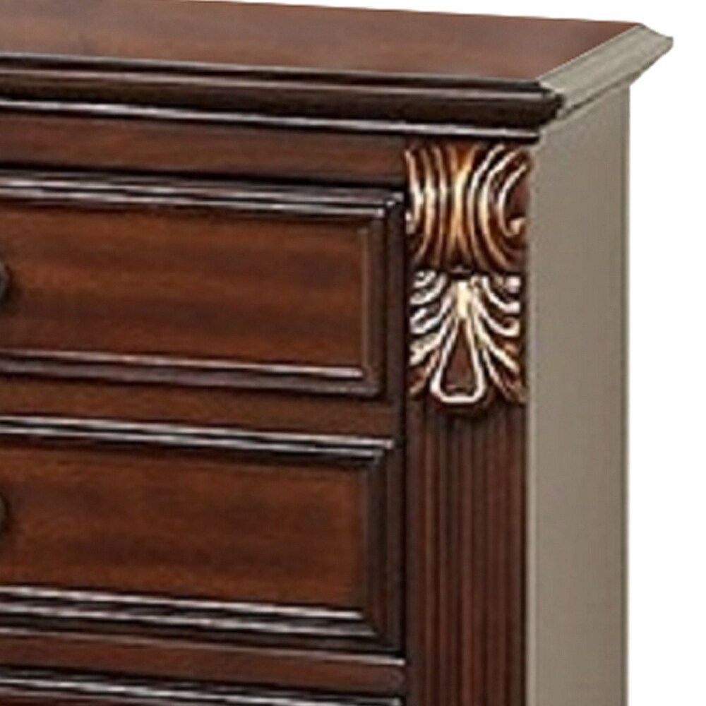 Miri 25 Inch 3 Drawer Nightstand  Brass Carved Accents  Cherry Oak Brown