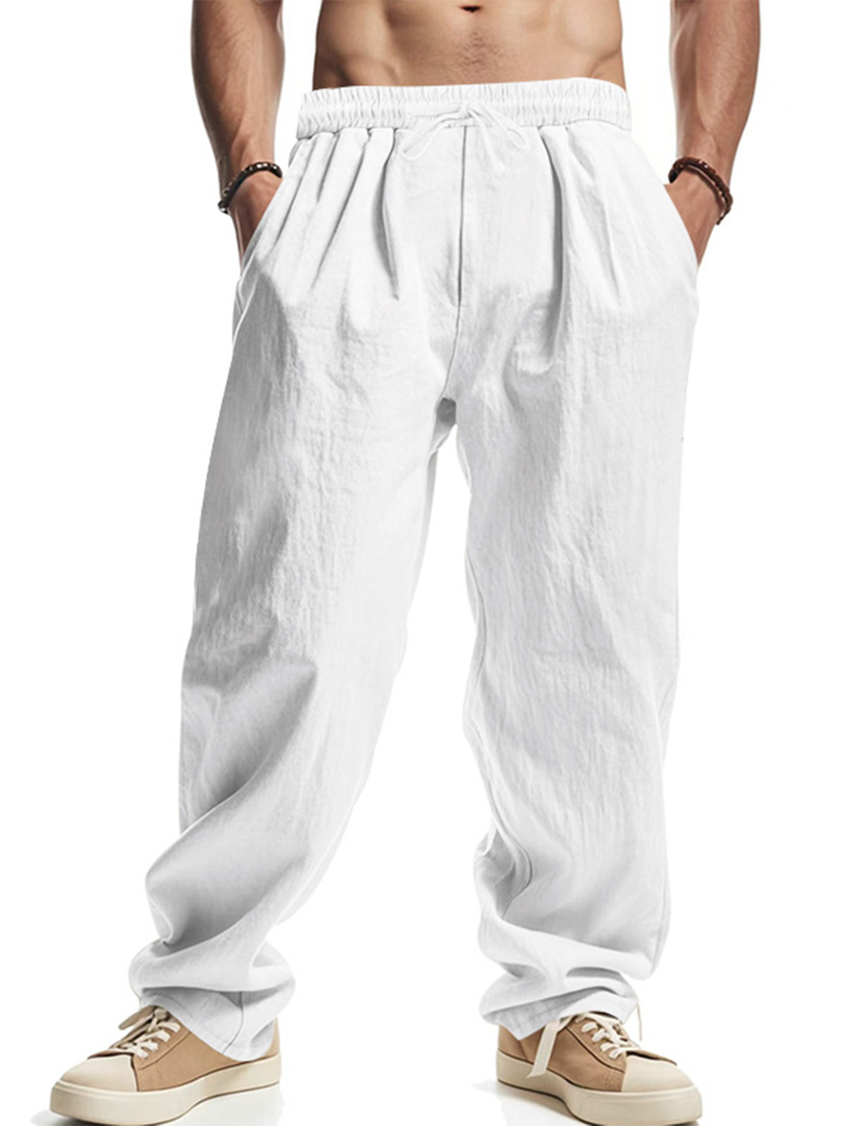 Men's Daily Casual Loose Linen Drawstring Solid Color Trousers