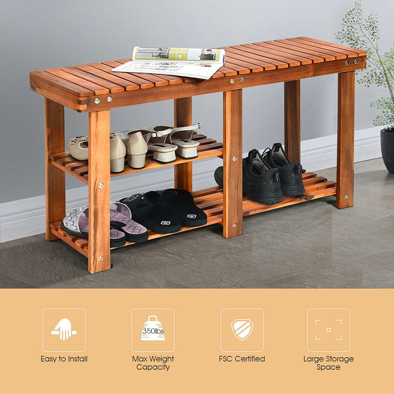 3-Tier Freestanding Wooden Shoe Organizer with Seat