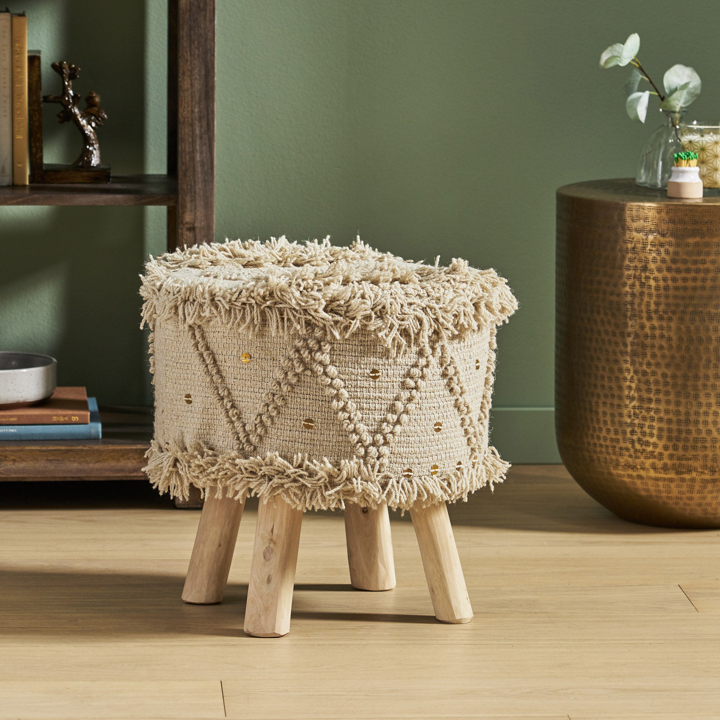 Edene Handcrafted Boho Fabric Stool with Metal Accents