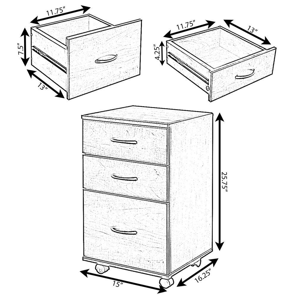 Basicwise Office White File Cabinet 3 Drawer Chest with Rolling Casters QI003678W