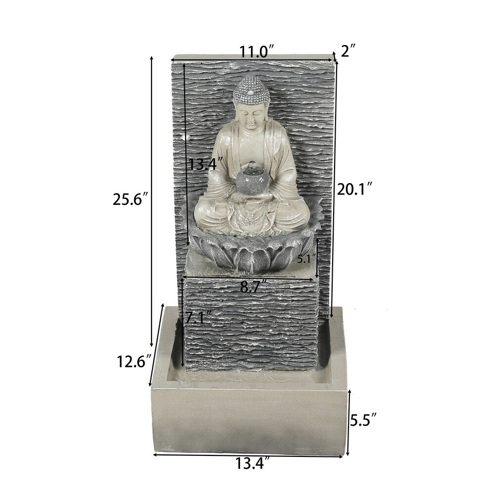 Grey Resin Meditating Buddha on Pedestal Outdoor Patio Fountain with LED Light