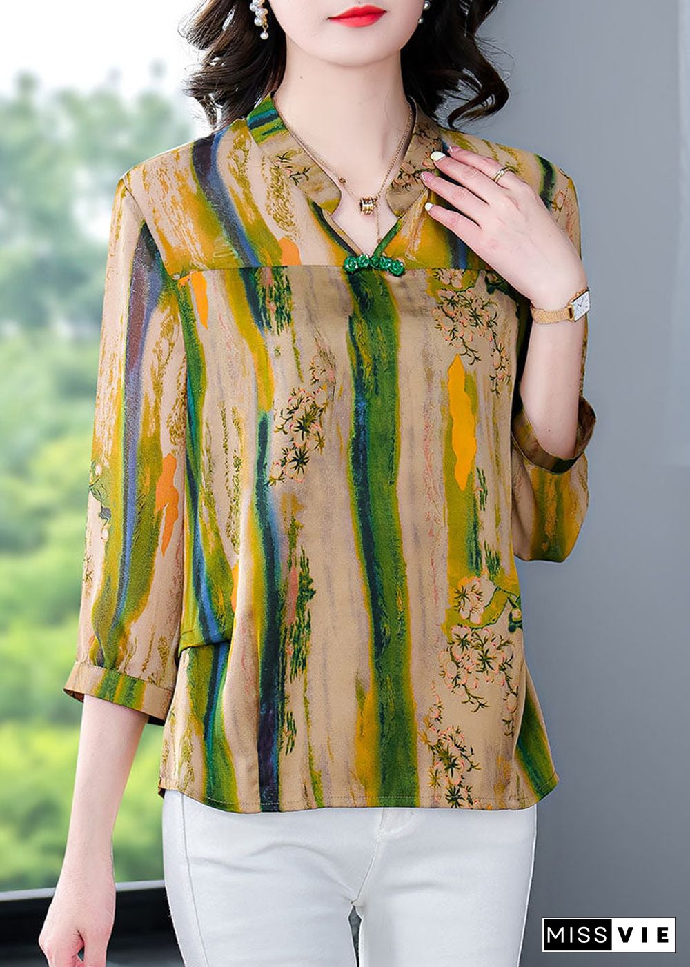 Vintage Yellow V Neck Print Patchwork Silk Shirt Tops Bracelet Sleeve