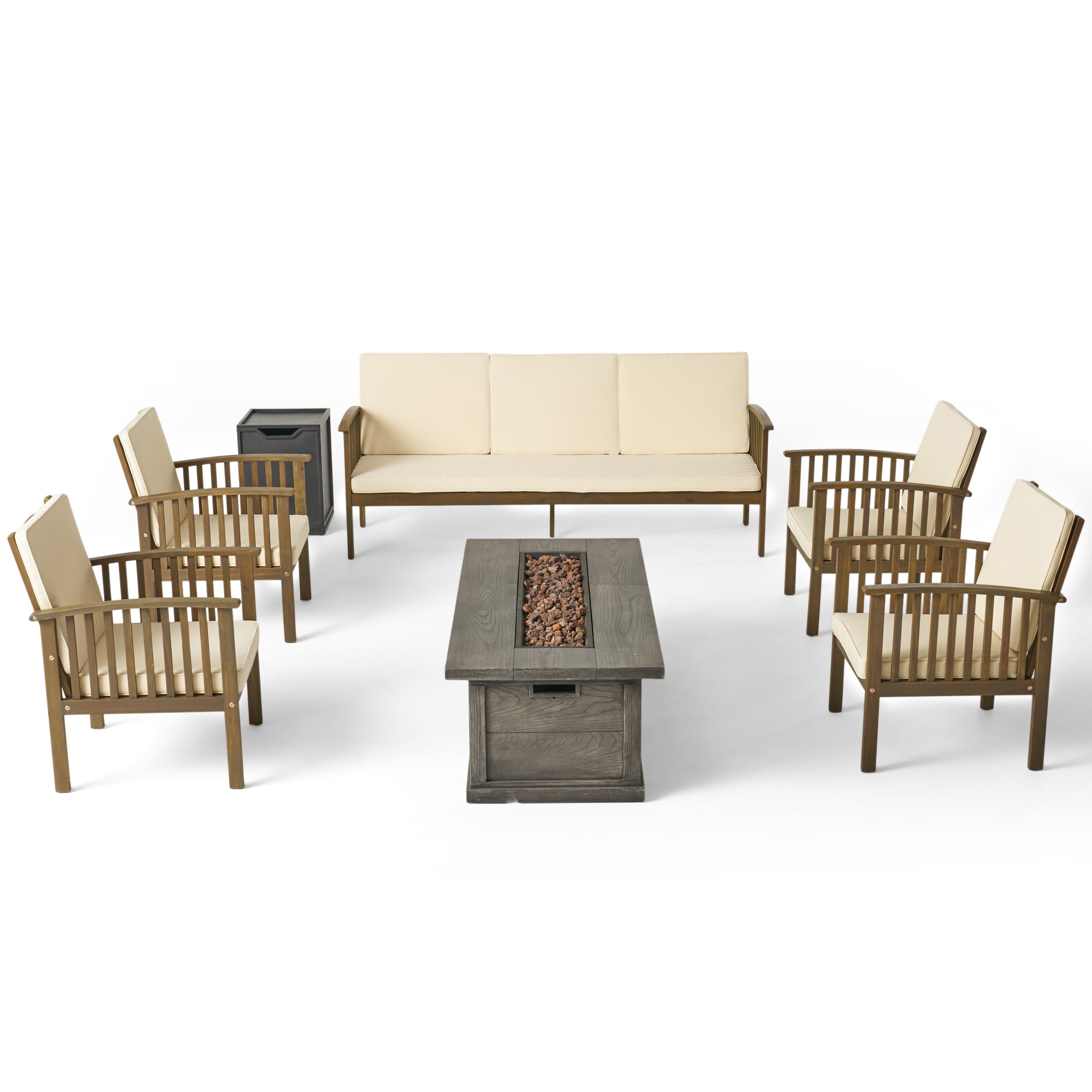 Suzanne Sophia Outdoor 7 Piece Acacia Wood Chat Set with Fire Pit