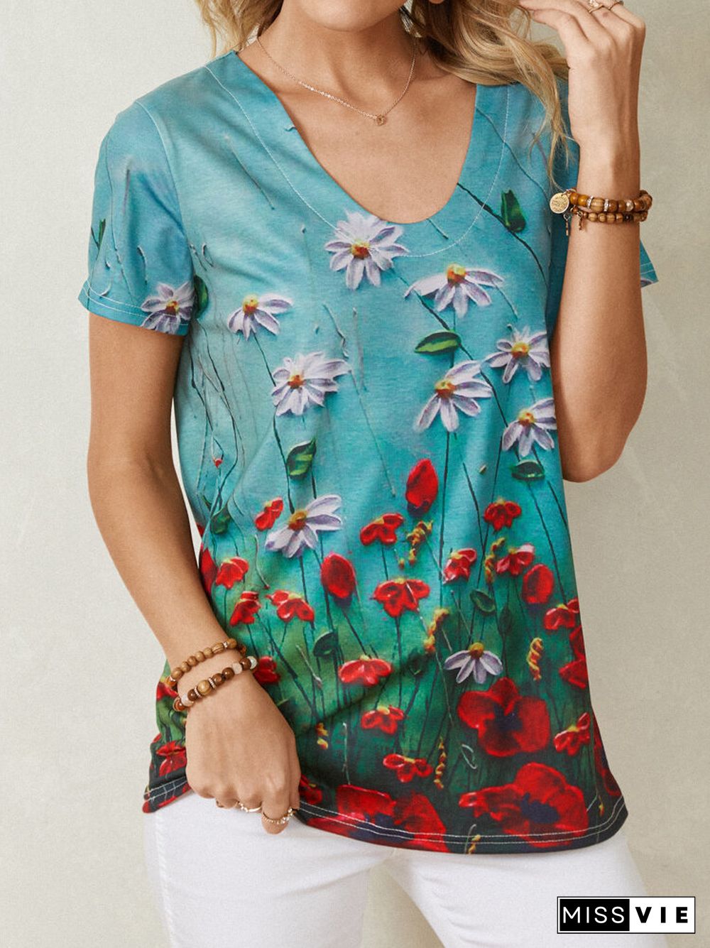 Flower Print V-neck Short Sleeve T-Shirt For Women