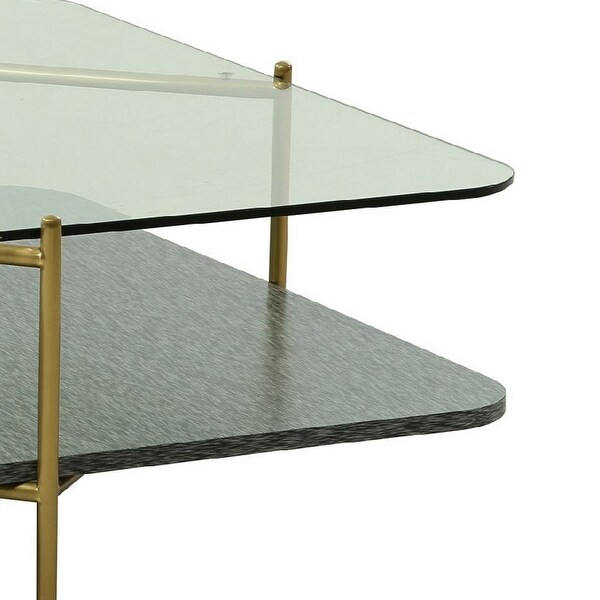 Cid Troy 43 Inch Modern Coffee Table， Glass Top， Gold Metal Legs， Gray