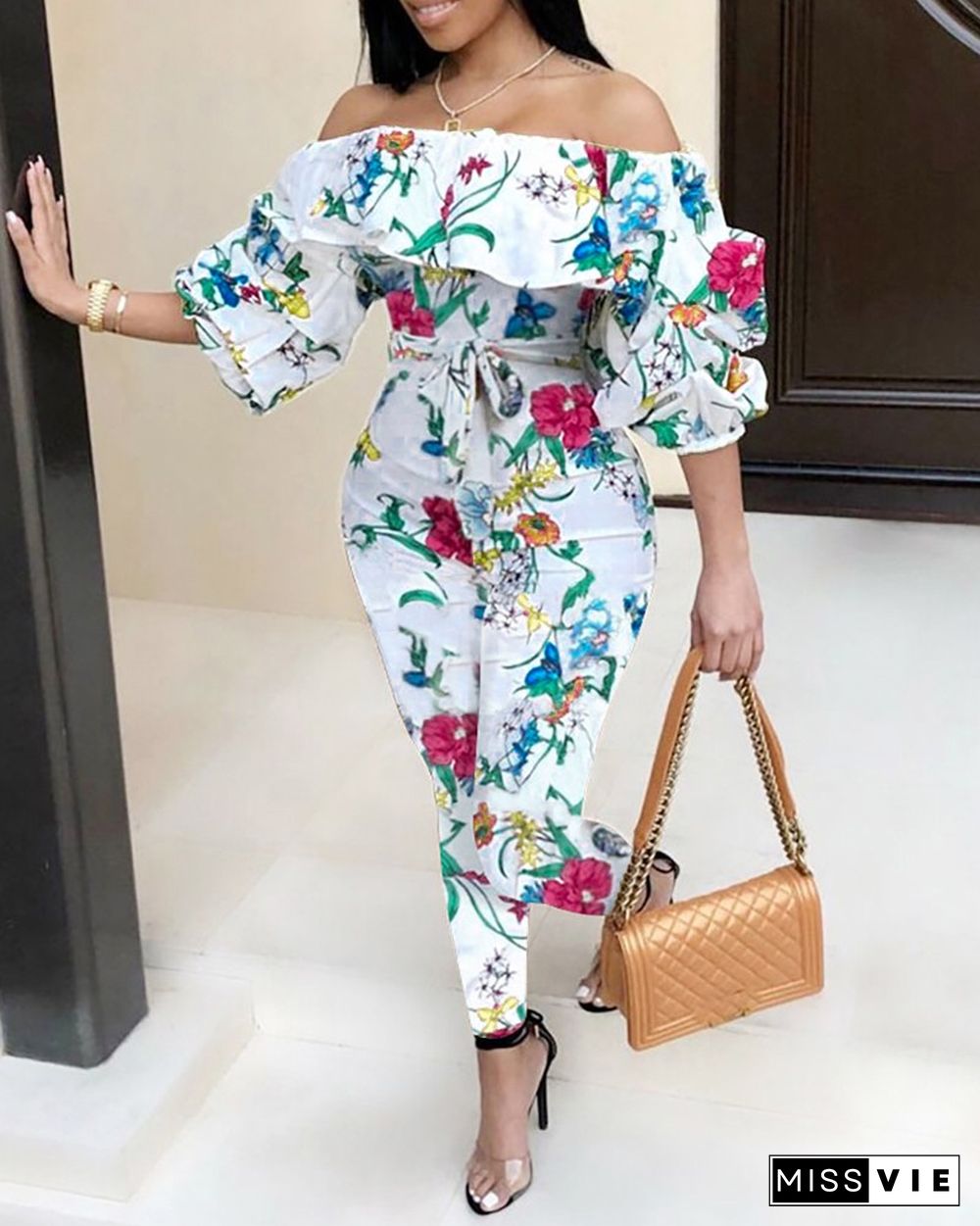 Off Shoulder Floral Print Lantern Sleeve Jumpsuit