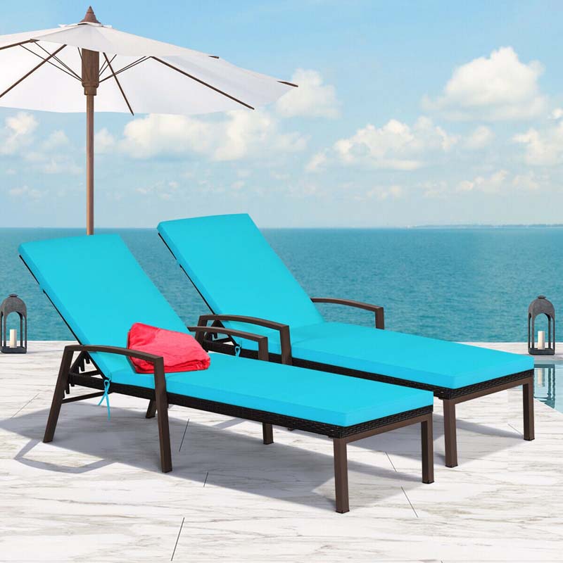 2-Pack Rattan Patio Chaise Lounge Chairs, 5-Position Pool Lounge Chairs with Cushion & Armrest, Wicker Sun Lounger