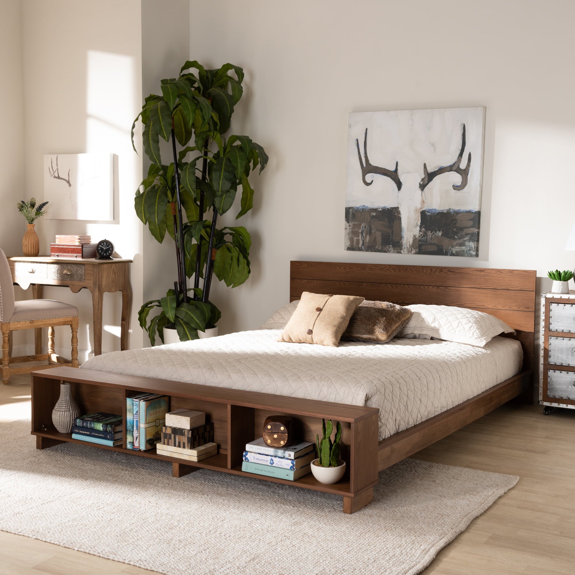 Baxton Studio Regina Modern Rustic Ash Walnut Brown Finished Wood Full Size Platform Storage Bed with Built-In Shelves