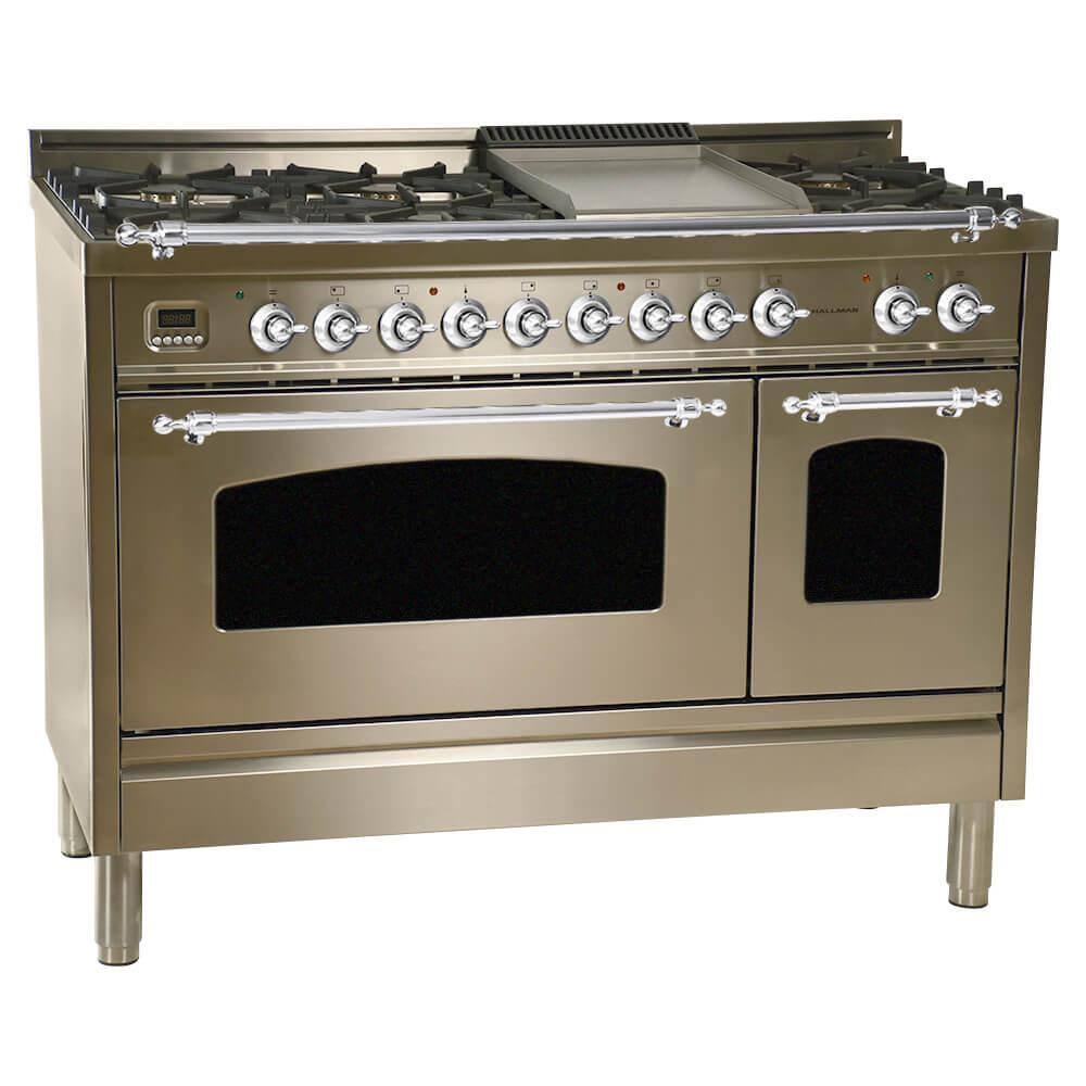 Hallman 48 in 5.0 cu.ft. Double Oven Dual Fuel Italian Range wTrue Convection 7 Burners Griddle Chrome TrimStainless Steel HDFR48CMSS