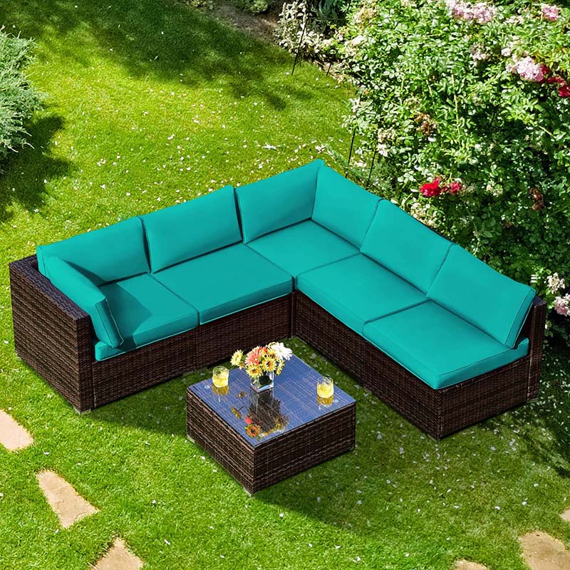 6 Pcs Rattan Patio Sectional Sofa Set Outdoor Conversation Furniture Set with Cushions & Glass Coffee Table