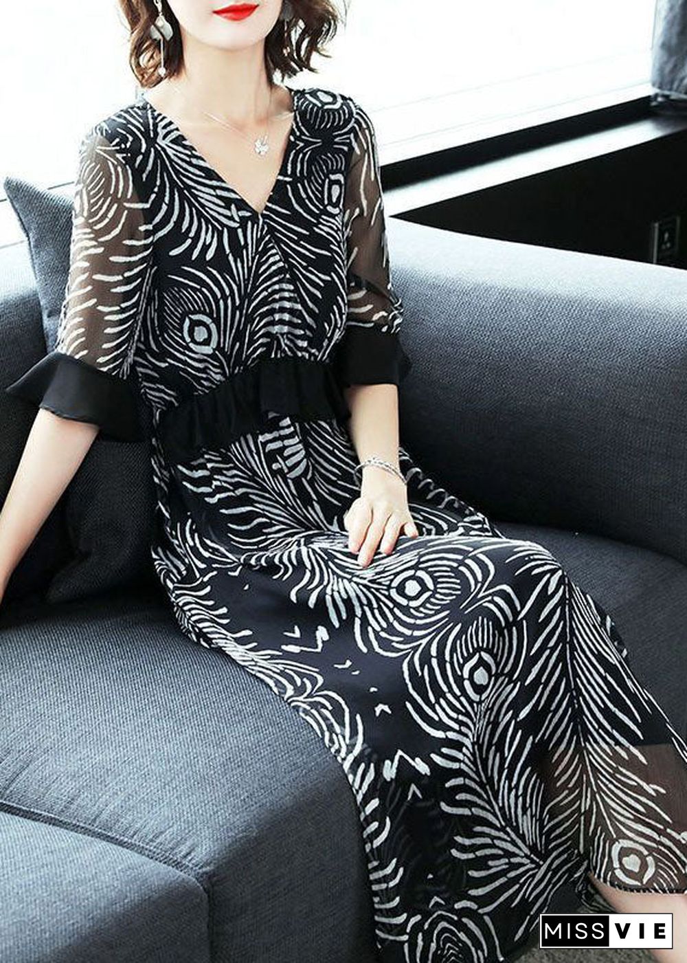 Fine Black V Neck Ruffles Print Chiffon Long Dress Summer