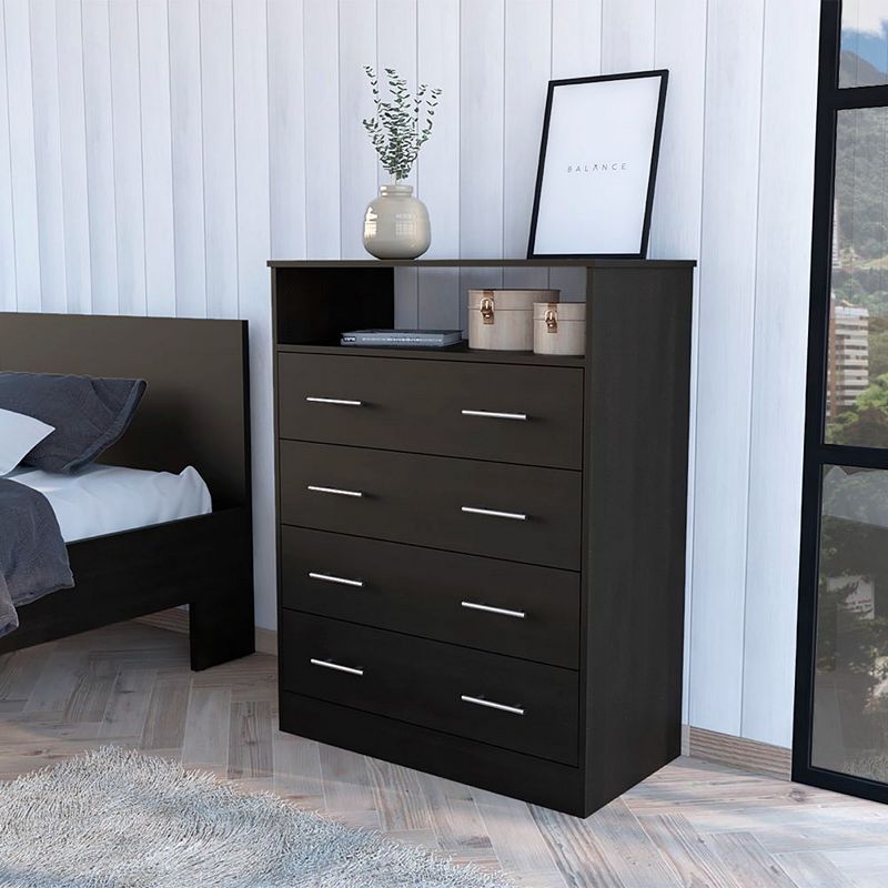 DEPOT E-SHOP Serbian Four Drawer Dresser， Superior Top， One Open Shelf， Black