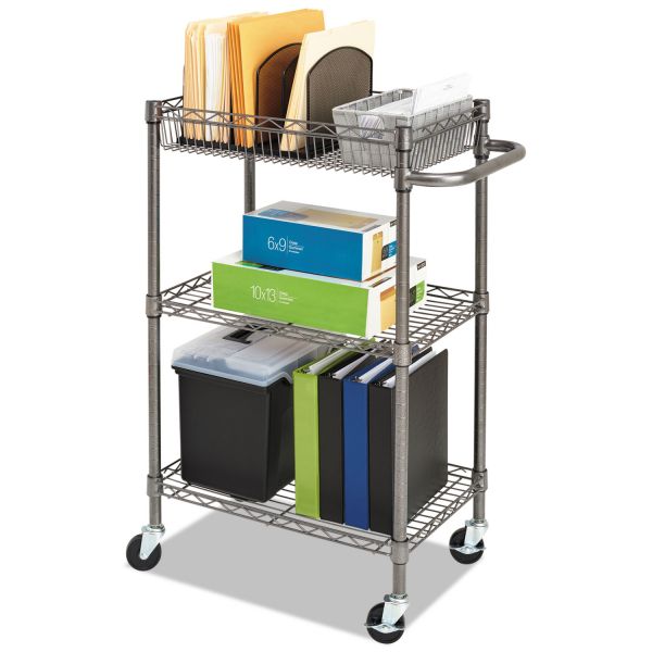 Alera Three-Tier Wire Cart with Basket， Metal， 2 Shelves， 1 Bin， 500 lb Capacity， 28