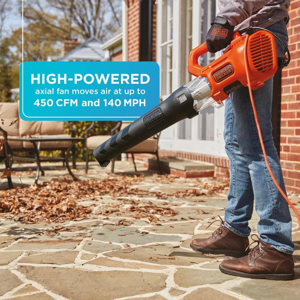 BLACK+DECKER 9 AMP 140 MPH 450 CFM Corded Electric Handheld Axial Leaf Blower BEBL750