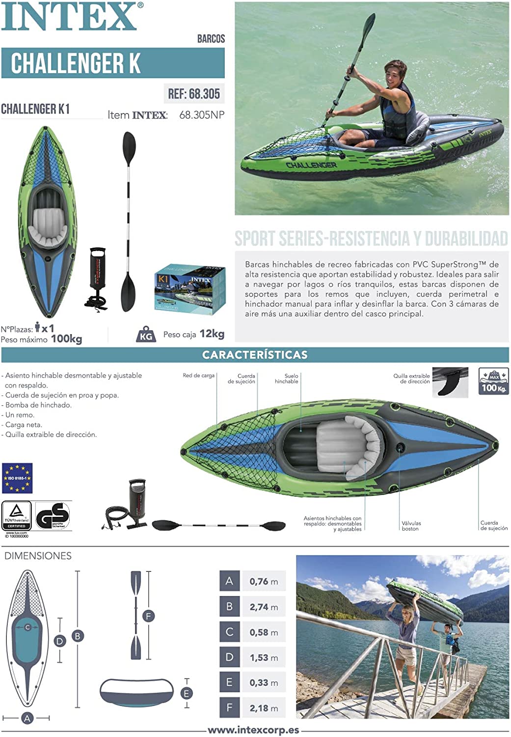 Intex Challenger K1 Kayak， Inflatable Kayak Set with Aluminum Oars and High Output Air-Pump