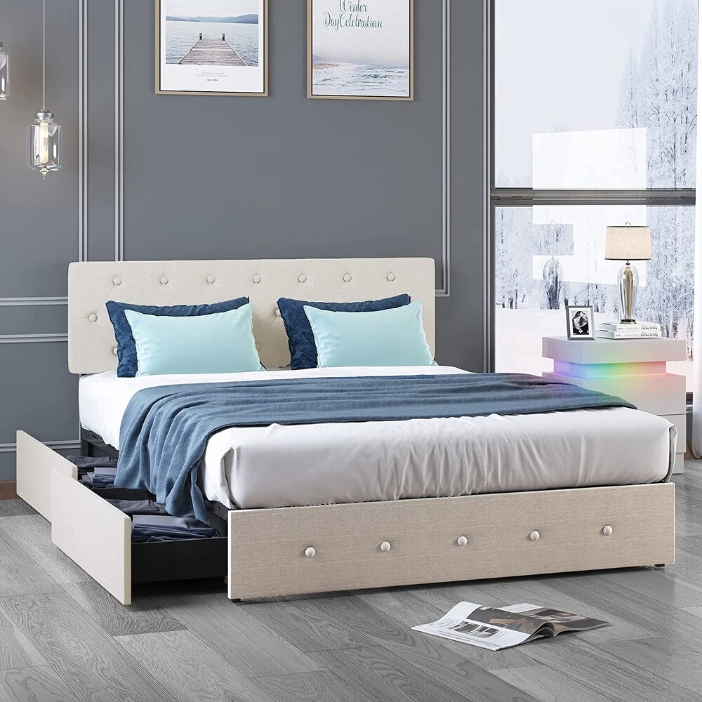 Mixoy Upholstered Platform Bed Frame with 4 Built in Storage Drawers   Adjustable Headboard