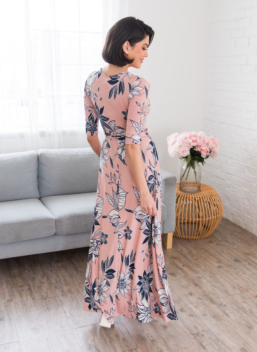 Crystal blush floral navy silhouette plain maxi dress