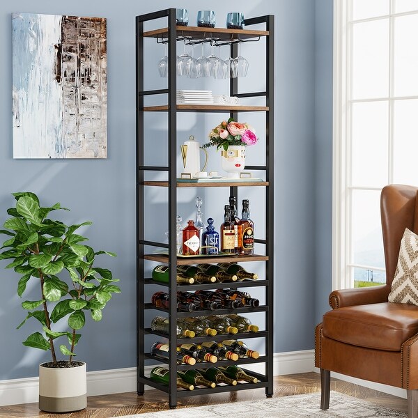 20 Bottle Freestanding Floor Wine Rack， 9 Tier Floor Liquor Cabinet with Glass Holder and Storage Shelves