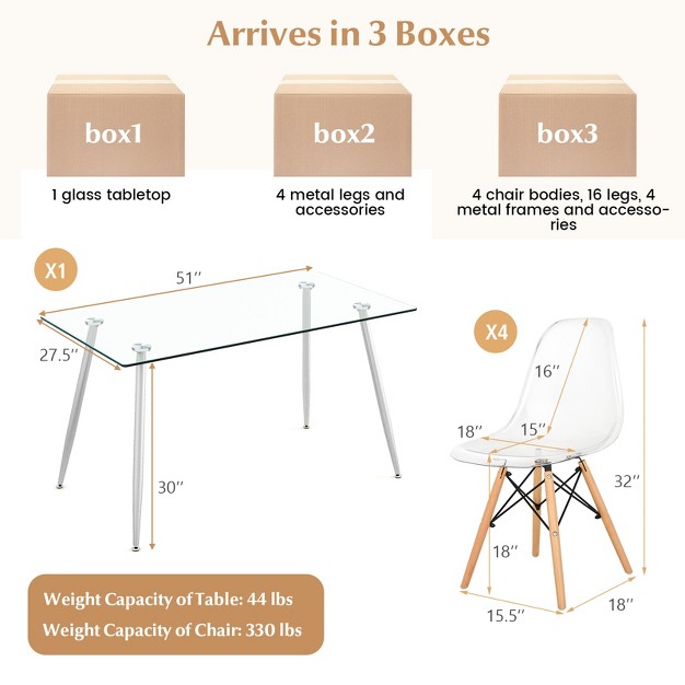 Costway 5 Pcs Dining Table Set 51 x27 x27 Modern Rectangular Glass Table amp 4 Chairs Kitchen