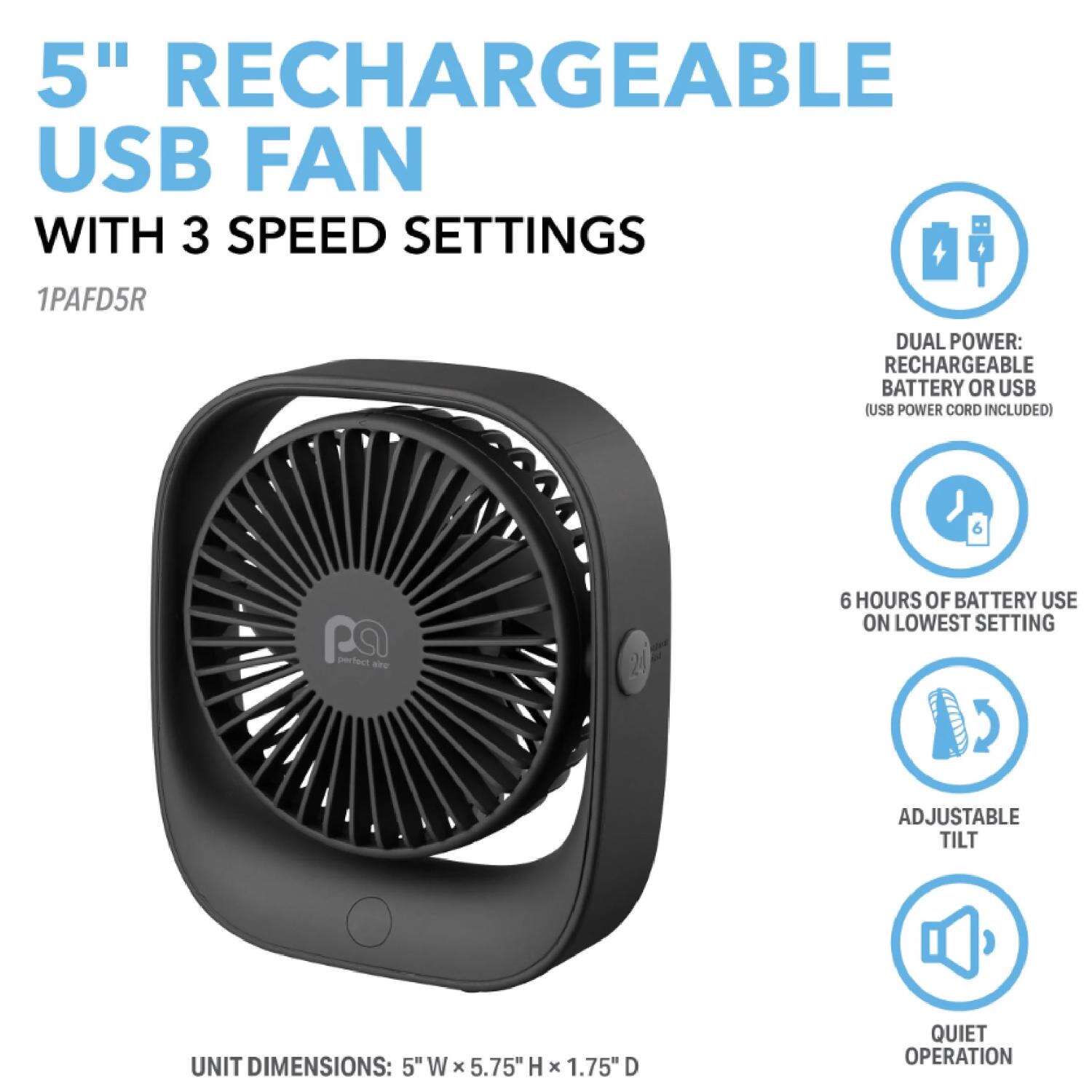 Perfect Aire 5.75 in. H X 5 in. D 3 speed USB Fan