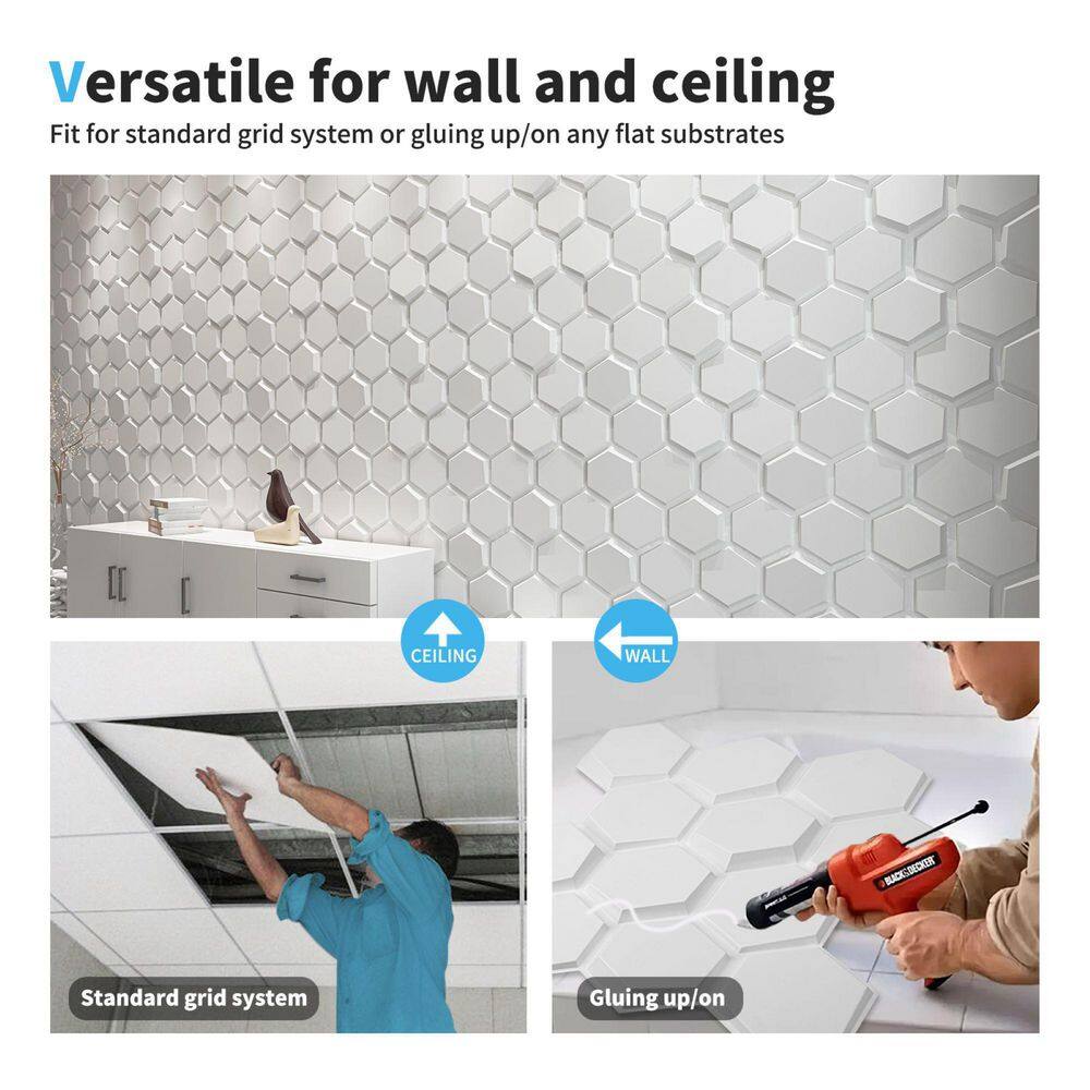 Art3dwallpanels 19.7 in. x 19.7 in. White Hexagon Design PVC 3D Wall Panels for Interior Wall Decor Pack of 12-Tiles (25 sq. ft.Case) A10hd063