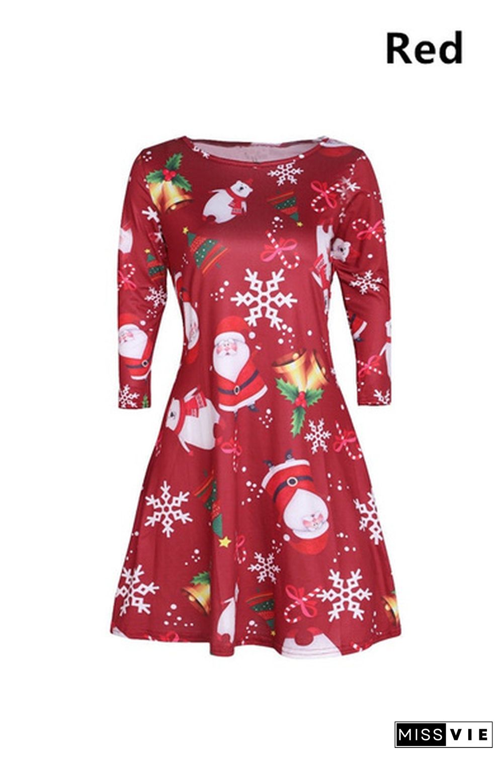 5 Colors Women's Santa Claus Elk Snowman Christmas Tree Printed Dress Casual Longs Sleeve Tunic Dress Xmas Skirt