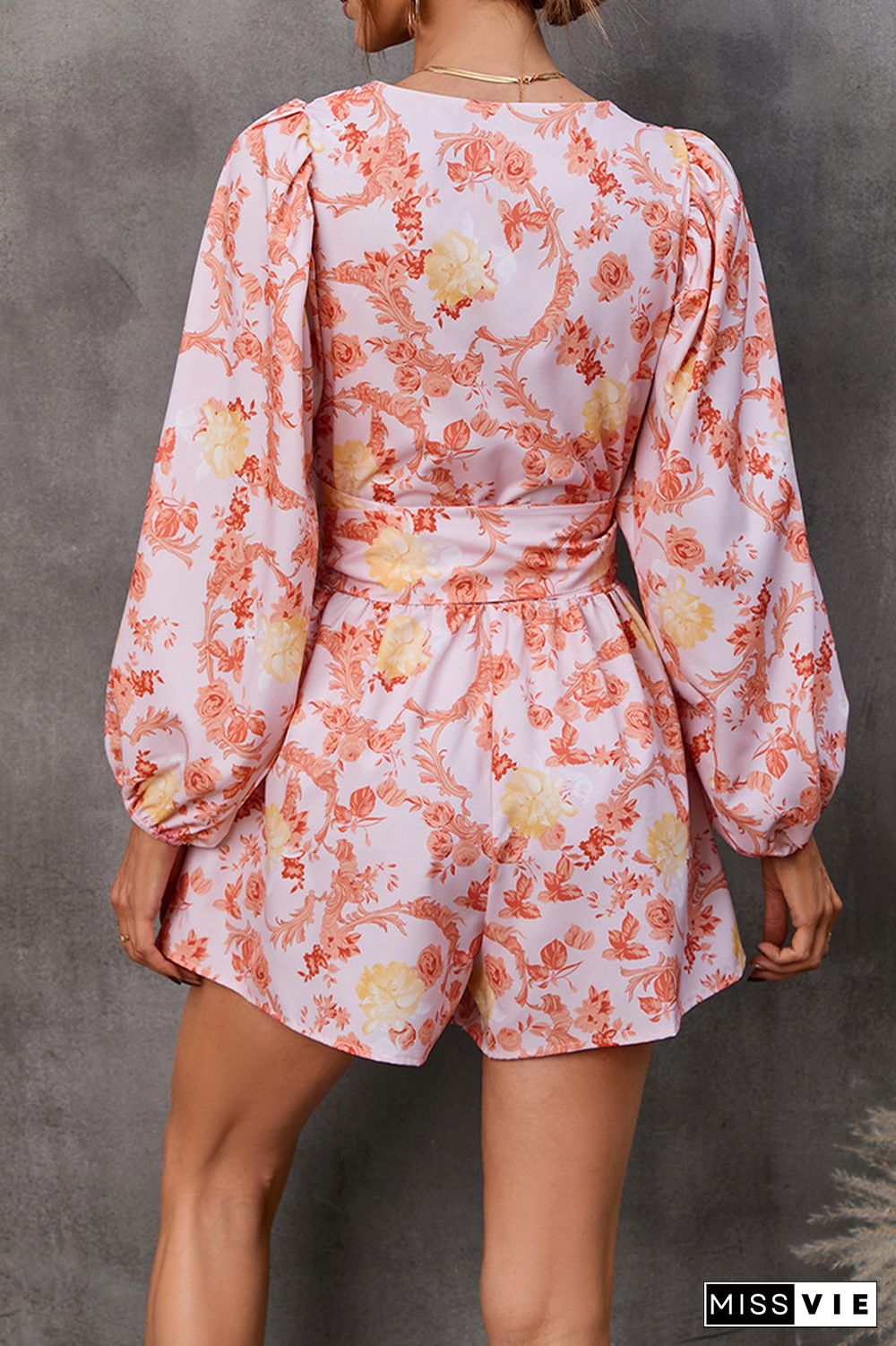 Printed V Neck Bubble Sleeves Hollow Out Waist Romper