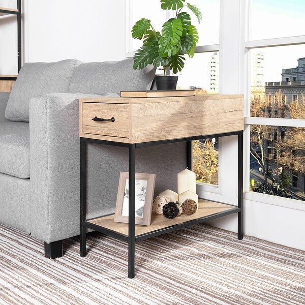 Side Table， 1-Tier Nightstand with Drawer， Narrow End Table for mall Spaces